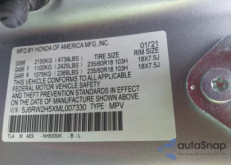 2021 Honda Cr-V Awd Ex из США, поврежденный, VIN 5J6RW2H5XML007330